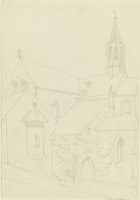 Ansicht einer Kirche mit gotischem Glockentürmchen, links ein Haus mit rundem Erker, auf dem Giebel  à Karl Ballenberger