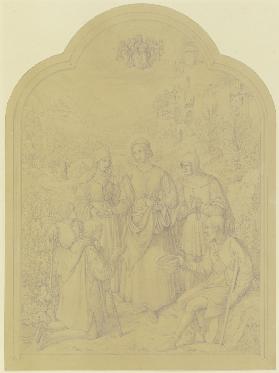 Hauptbild eines Altärchens: Die Heilige Elisabeth, wie sie Brot unter die Armen verteilt