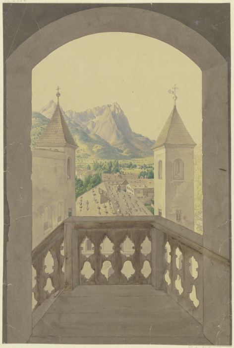 Holzaltan mit Treppe, Aussicht auf ein Tiroler Dorf, in der Ferne Schneeberge à Karl Ballenberger