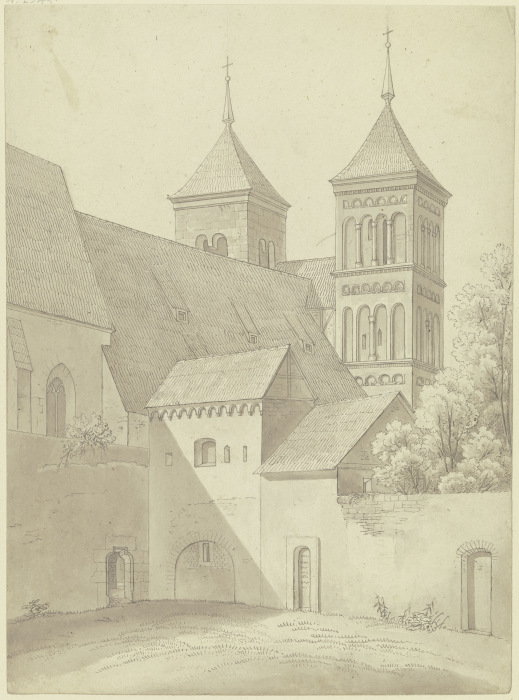 Romanische Kirche mit zwei Türmen, vorn der Klosterhof à Karl Ballenberger