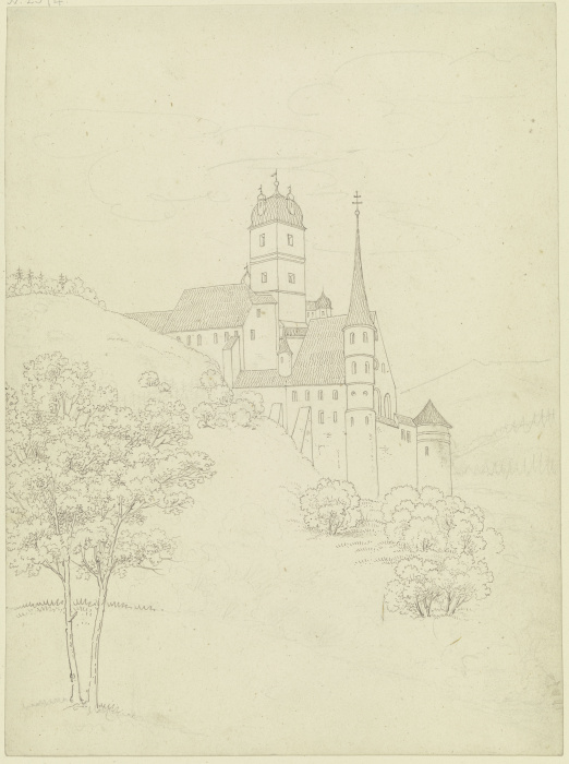 Schloß am Abhang eines Berges mit einem viereckigen und einem sehr hohen und schmalen runden Turm, v à Karl Ballenberger