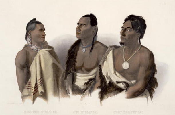 A Missouri Indian, an Oto Indian and the Chief of the Puncas, plate 7 from 'Travels in the Interior à Karl Bodmer