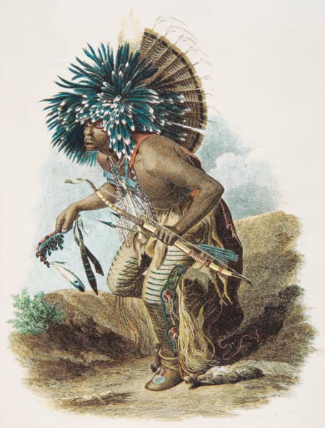Medicine man of the Mandan tribe in the costume of the Dog Dance, 1834 (colour litho) à Karl Bodmer