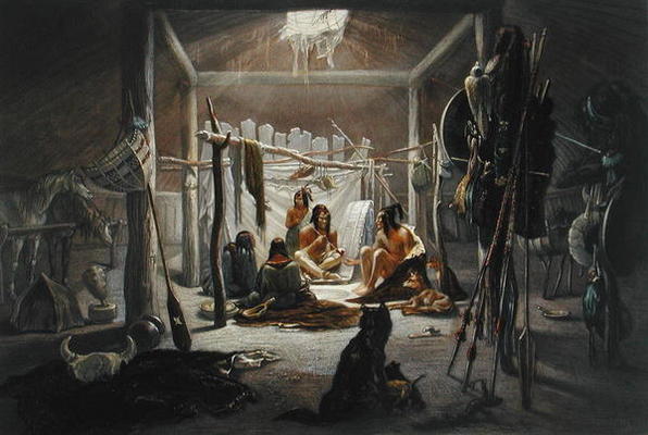 The Interior of the Hut of a Mandan Chief, plate 19 from Volume 2 of 'Travels in the Interior of Nor à Karl Bodmer
