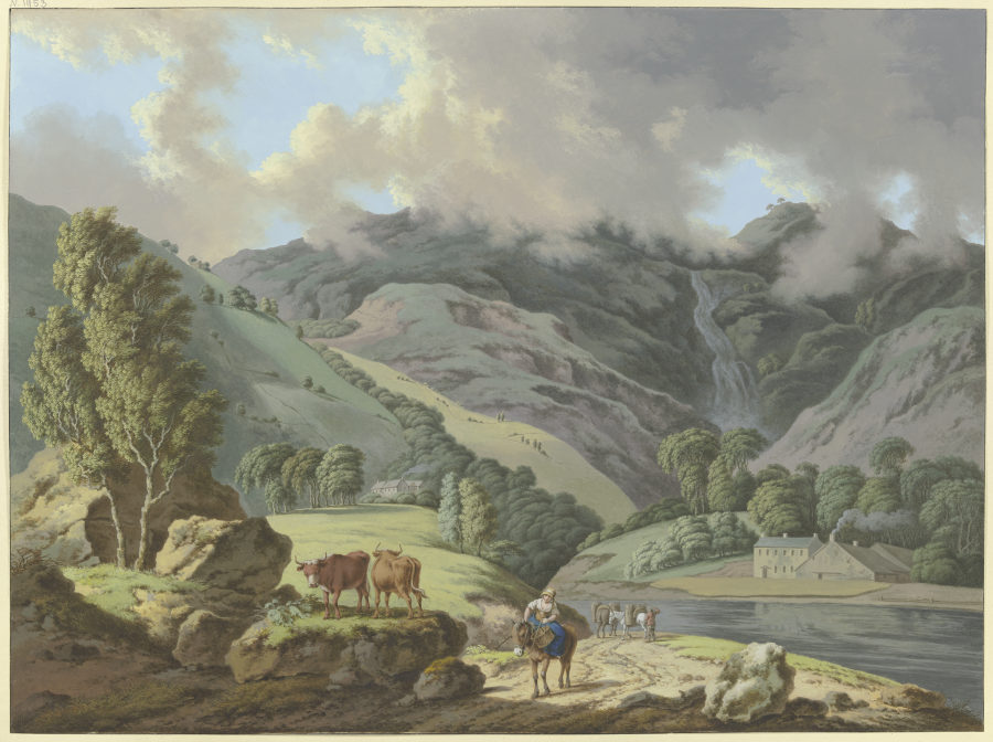 Berglandschaft mit einem Wasserfall und Flüßchen im Vordergrund à Karl Franz Kraul