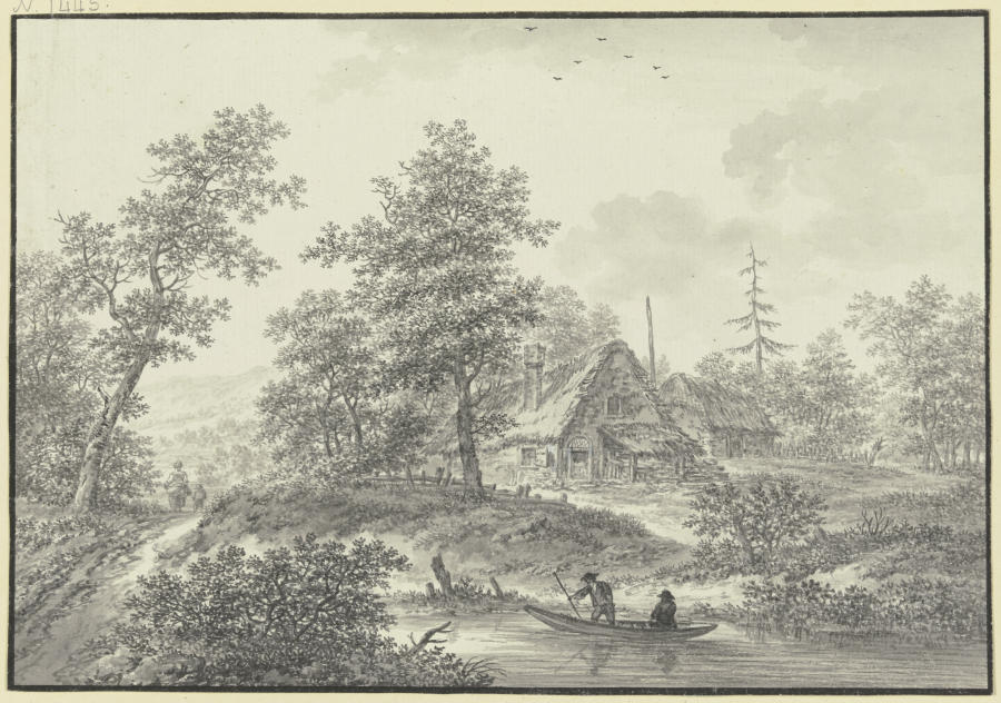 Eichenwald mit zwei Strohhütten, im Vordergrund ein Bach mit zwei Bauern in einem Boot à Karl Franz Kraul