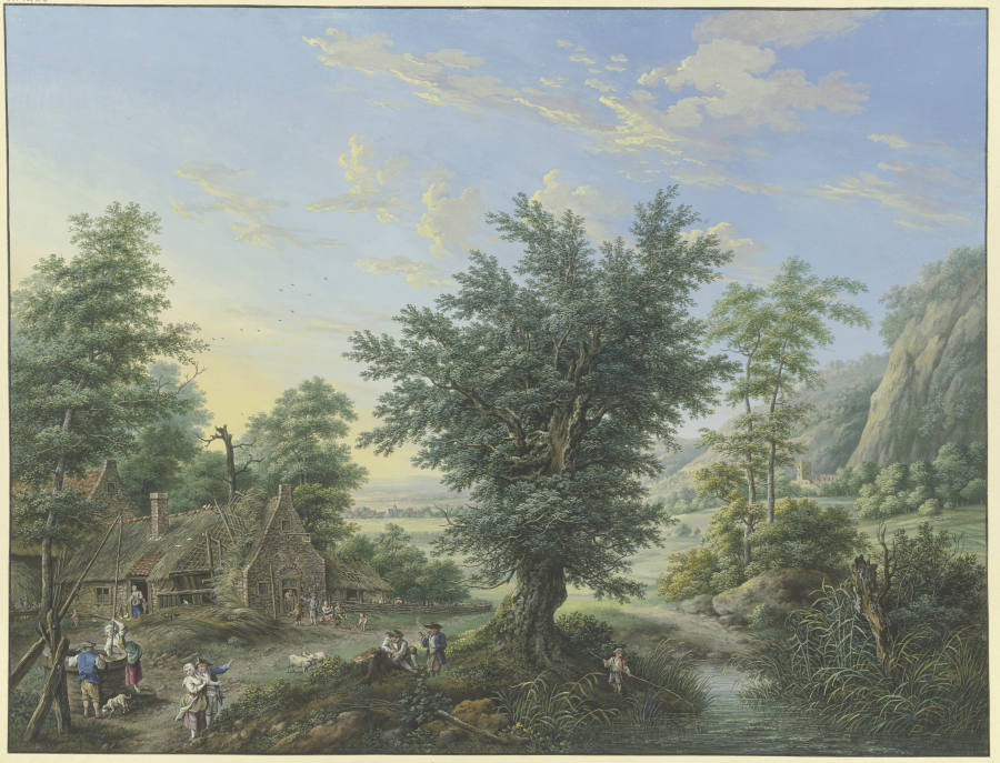 Reiche Landschaft mit Bäumen, Wiesen und Dörfern, vorne links eine Hütte mit Ziehbrunnen und vielen  à Karl Franz Kraul