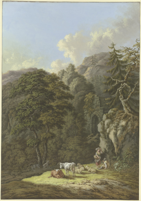 Waldige Berglandschaft mit einem alten Tor und einer Viehherde in einer Lichtung à Karl Franz Kraul