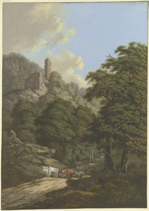 Waldige Berglandschaft mit einer Burgruine, ein Hirte treibt seine Herde von der Weide à Karl Franz Kraul