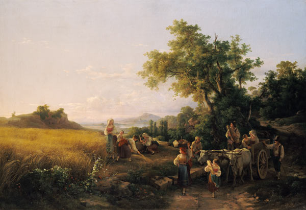 Paysage italien avec des voitures de boeuf pendant la récolte de grain à Károly Markó