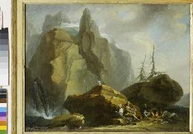 paysage de haute montagne avec des rochers et le peintre