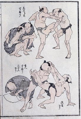 Studies of gestures and postures of wrestlers, from a Manga (colour woodblock print) à Katsushika Hokusai