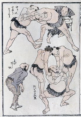 Studies of gestures and postures of wrestlers, from a Manga (colour woodblock print) à Katsushika Hokusai