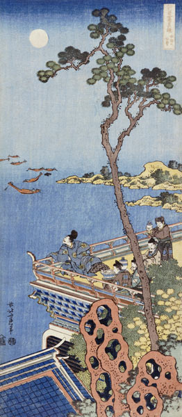 A Courtier On The Balcony Of A Chinese Pavilion Looking In The Distance On A Moonlit Night à Katsushika Hokusai