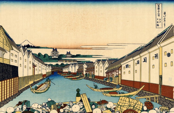 Nihonbashi bridge in Edo (from a Series "36 Views of Mount Fuji") à Katsushika Hokusai