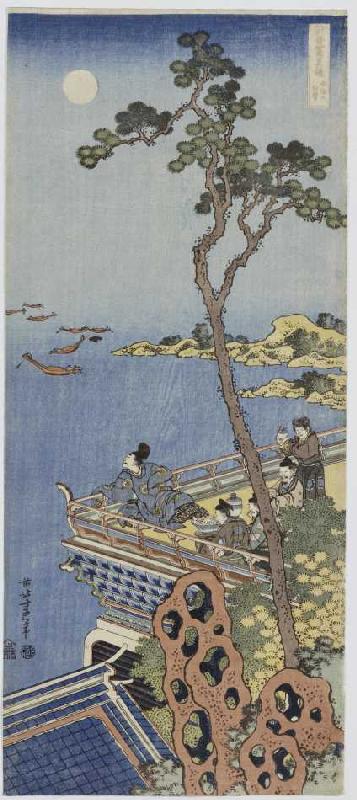 Ein Höfling auf einem Balkon eines chinesischen Pavillons, bei Mondlicht in die Ferne blickend. à Katsushika Hokusai