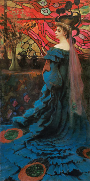 Femme devant une fenêtre en verre (le paon) portrait de Zofia Borucinska. à Kazimierz Stabrowski