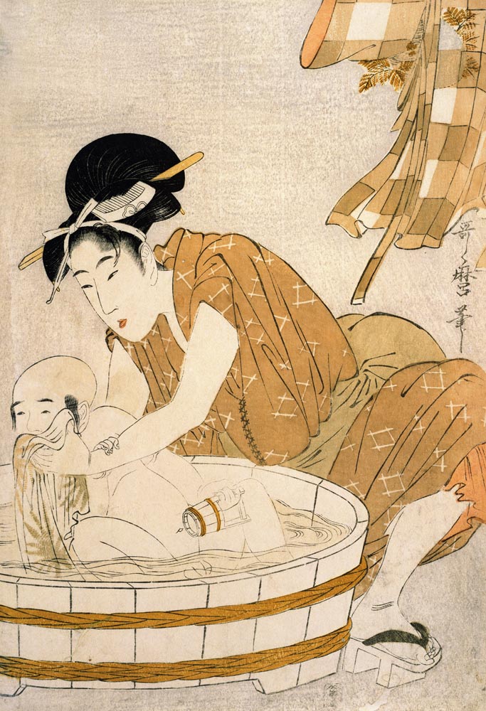 The Bath, Edo period (1603-1868) (coloured woodblock print) à Kitagawa  Utamaro