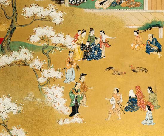 A Detail From An Eight-Leafed Screen In Sumi  Depicting a Cock Fight Beneath Cherry Tree Blossoms à Kitagawa  Utamaro