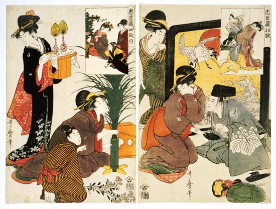 Two Scenes From The Series  ''Loyal League'' Depicting Everyday Life Of An Edo Period Household à Kitagawa  Utamaro