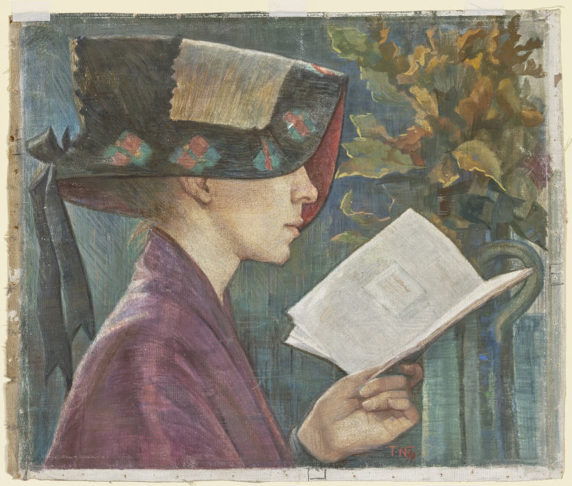 Junge Frau mit Haube, lesend nach rechts à Klementine Noll-Prenger