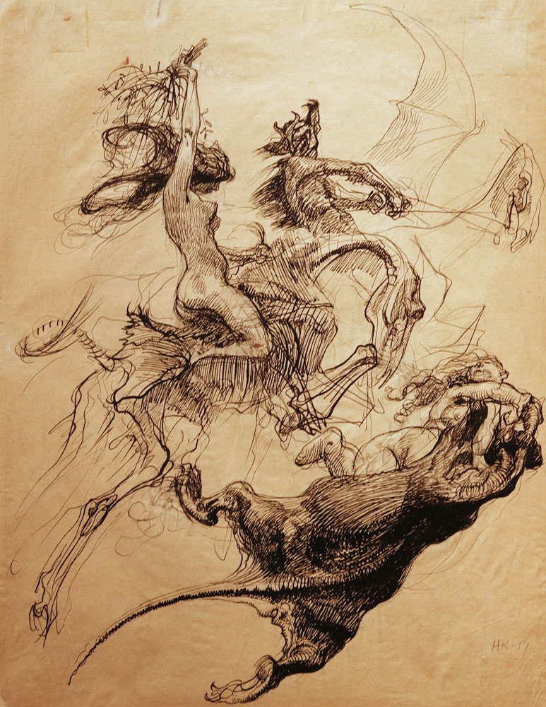 Nackte Frau auf Skelett und Teufel auf Pterodaktylus reiten à Heinrich Kley