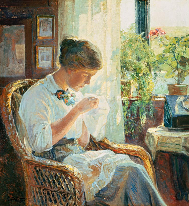 Jeune femme cousant à la fenêtre à Knud Erik Larsen