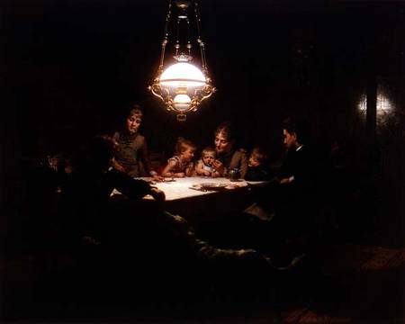 Family supper in the lamp light à Knut Ekwall