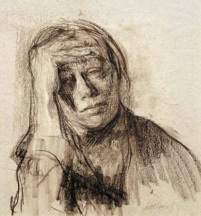 Self-portrait with stretched-out right arm, hand on forehead à Käthe Kollwitz
