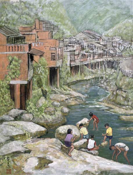 Village by the River, 1992 (gouache on silk)  à Komi  Chen