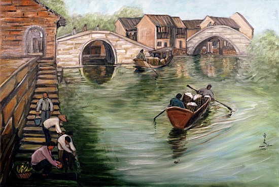 Washing Clothes by the Stream, 1995 (oil on canvas)  à Komi  Chen