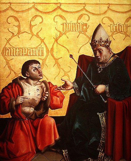 Antipater kneeling before Juilus Caesar, from the Mirror of Salvation Altarpiece, c.1435 (tempera on à Konrad Witz