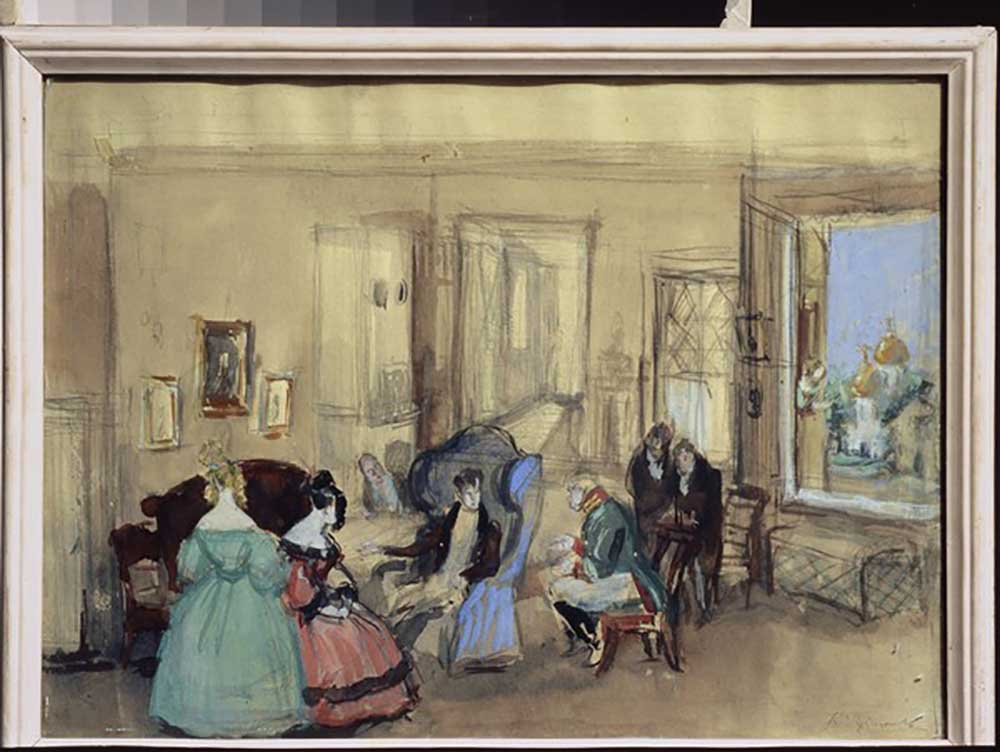 A scene from the theatre play The Government Inspector by N. Gogol à Konstantin Iwanowitsch Rudakow