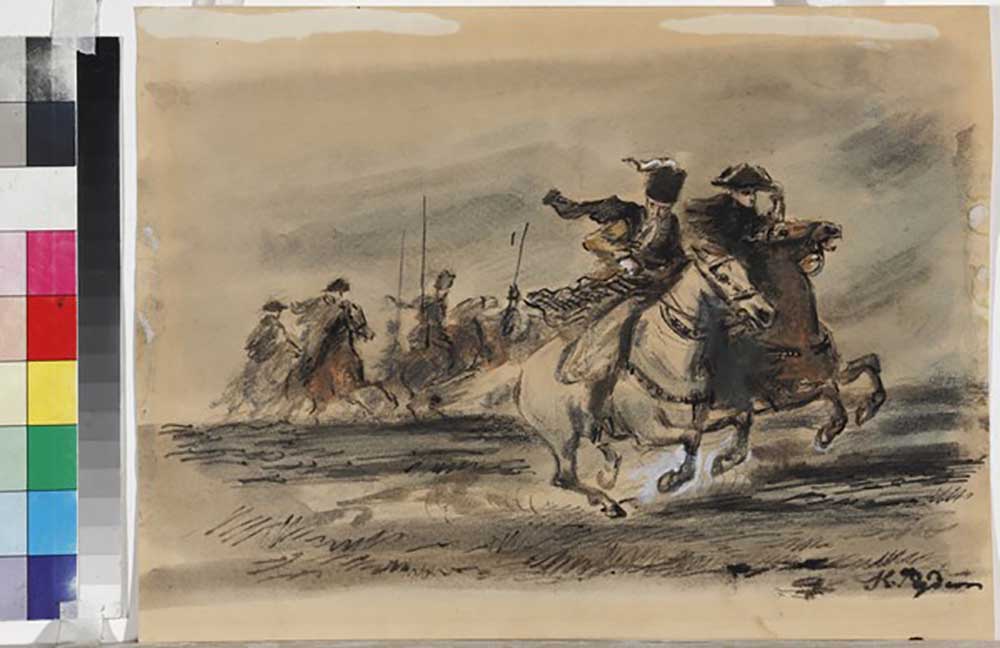 Mazeppas flight after their defeat at Poltava. Illustration for the poem Poltava by A. Pushkin à Konstantin Iwanowitsch Rudakow