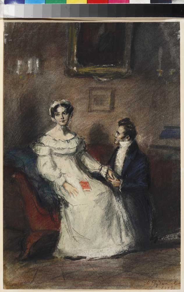 Tatyana and Onegin. Illustration for the novel in verse "Eugene Onegin" by A. Pushkin à Konstantin Iwanowitsch Rudakow
