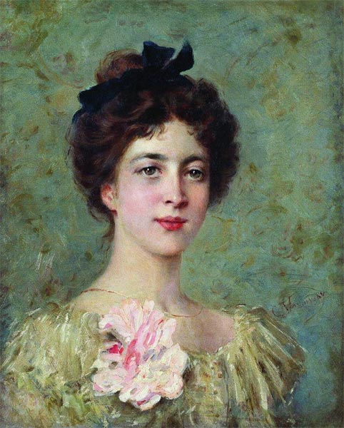 Portrait of a young girl with Pink Bow à Konstantin Jegorowitsch Makowski