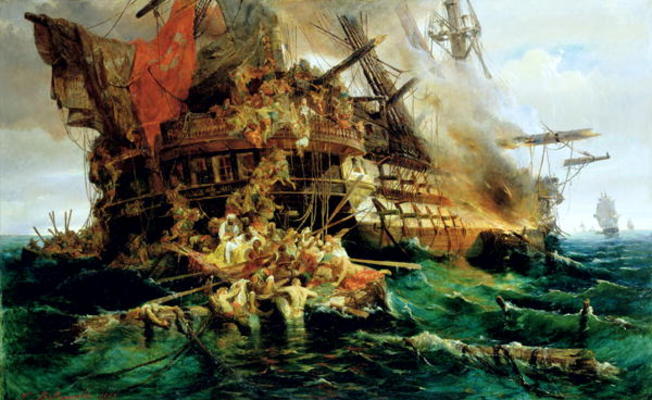 A Turkish Warship on Fire, 1868 (oil on canvas) à Konstantinos or Constantin Bolanachi