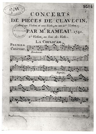 Score sheet for ''Concerts de Pieces de Clavecin'' Jean-Philippe Rameau (1683-1764) 1741 à L. Hue