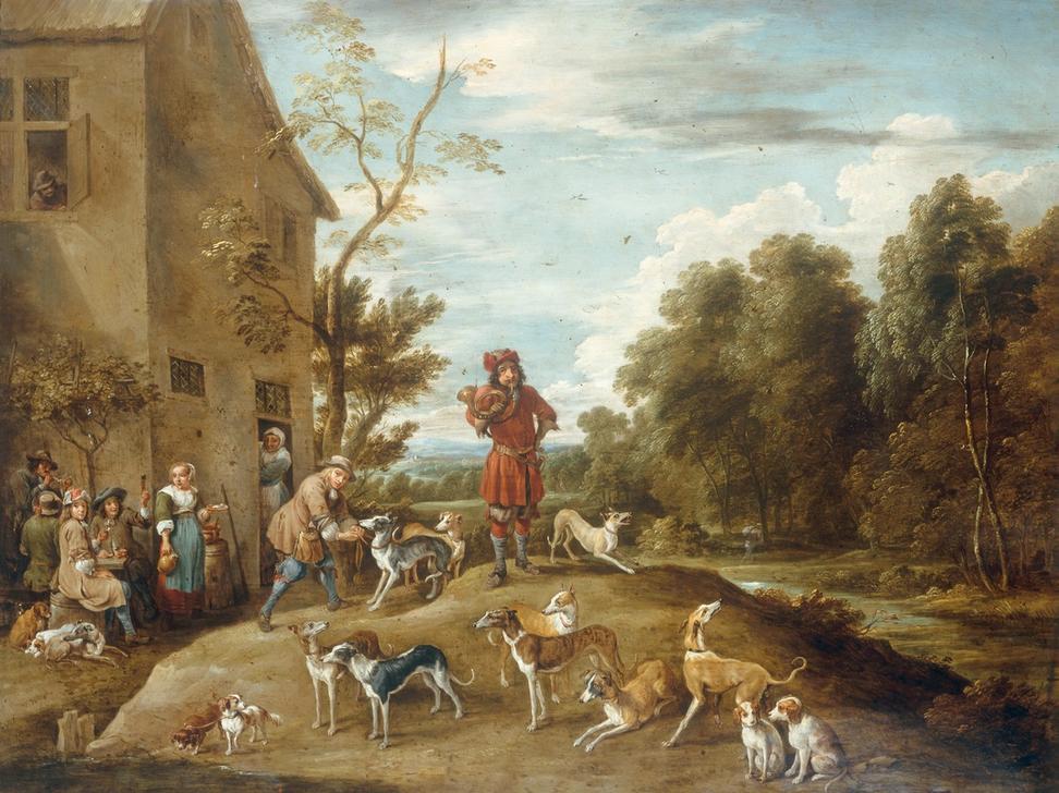 Huntsmen and Hounds in a Landscape à Lambert de Hondt