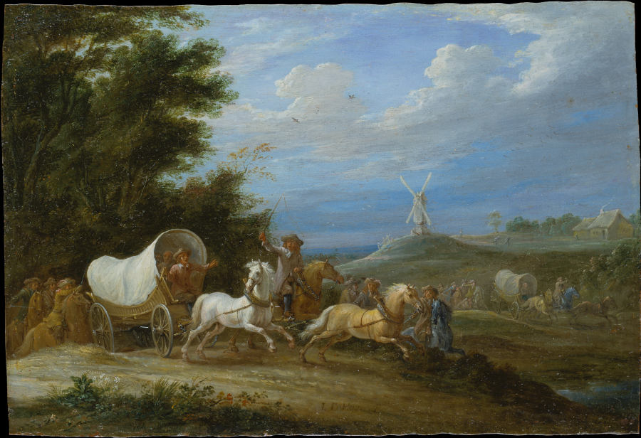 Landscape with the Attack on a Covered Wagon by a Group of Riders à Lambert de Hondt