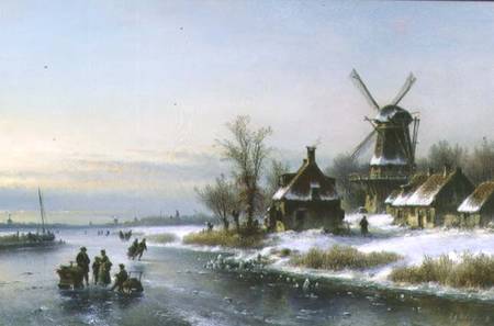 Windmill by a Frozen River à Laurens Johannes Kleijn