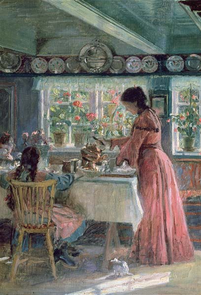 The Coffee is Poured - The Artist's Wife with their 2 daughters à Laurits Regner Tuxen