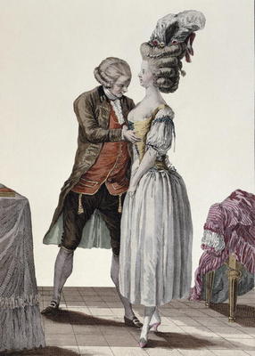 A tailor trying out a fashionable corset on a lady, plate from 'Galerie des Modes et Costumes', engr à Le Clere