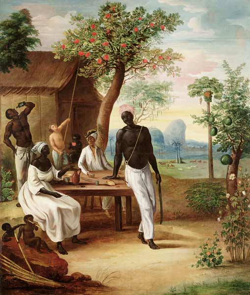 Black Slaves Seated Outside their House in Martinique à Le  Masurier