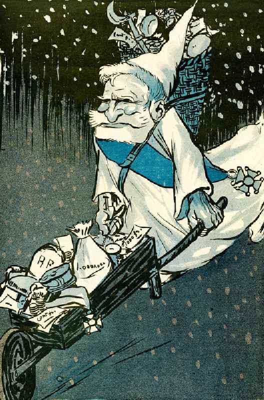 The Christmas for big kids - French President Emile Loubet dressed as Santa Claus with a wheelbarrow à Leal de Camara