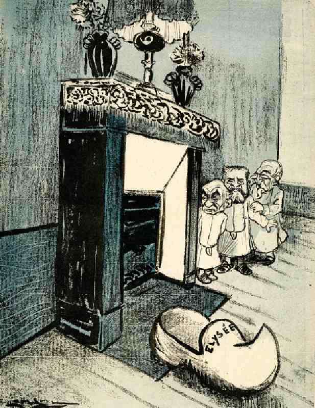 Georges Clémenceau, Armand Fallières and Émile Combes wait by the fireplace to surprise Santa. 1905. à Leal de Camara