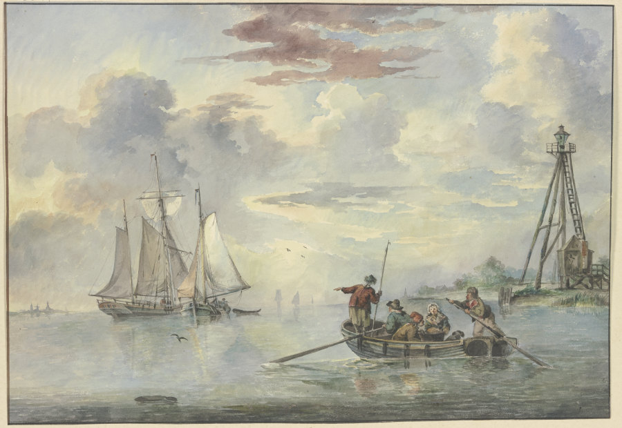 Ruhige See, die Sonne geht auf, im Vordergrund steuert ein Boot mit mehreren Personen zwei Schiffen  à Leendert de Koningh