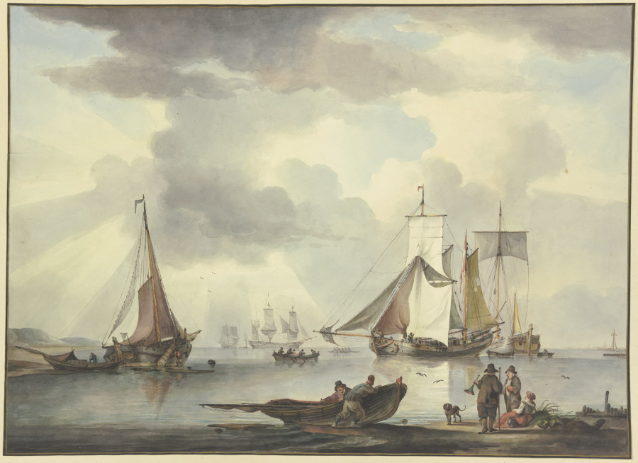 Viele Schiffe, rechts am Strand eine Frau und zwei Männer, von denen einer ein Sprachrohr in der Han à Leendert de Koningh