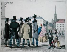 Elegant Men Wearing Scottish Trousers on the Streets of Vienna, engraved by J. W. Linke, c.1840 (col