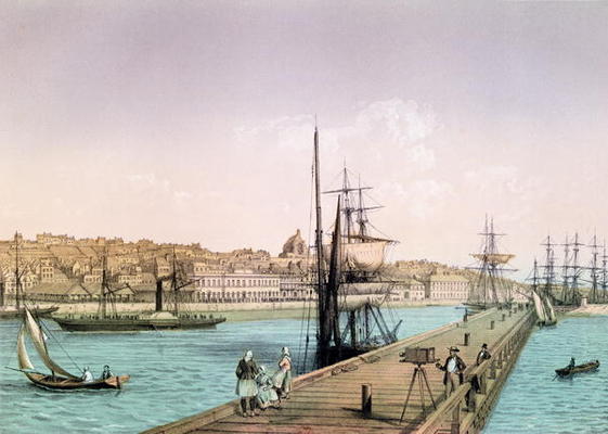 View of the Port of Boulogne, from a series entitled 'La France de Nos Jours', 1856 (colour litho) à Leon Auguste Asselineau